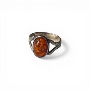 Vintage 925 Sterling Silver Amber Oval Cabochon Split Shank Ring - Tarnished